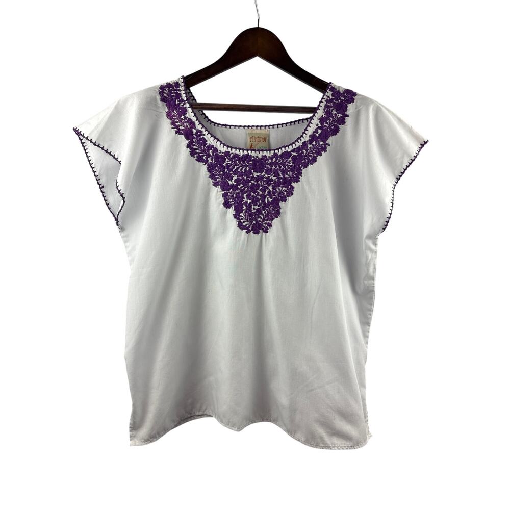 Women’s El Interior Large White Short Sleeve Blouse w/ Purple Embroidery